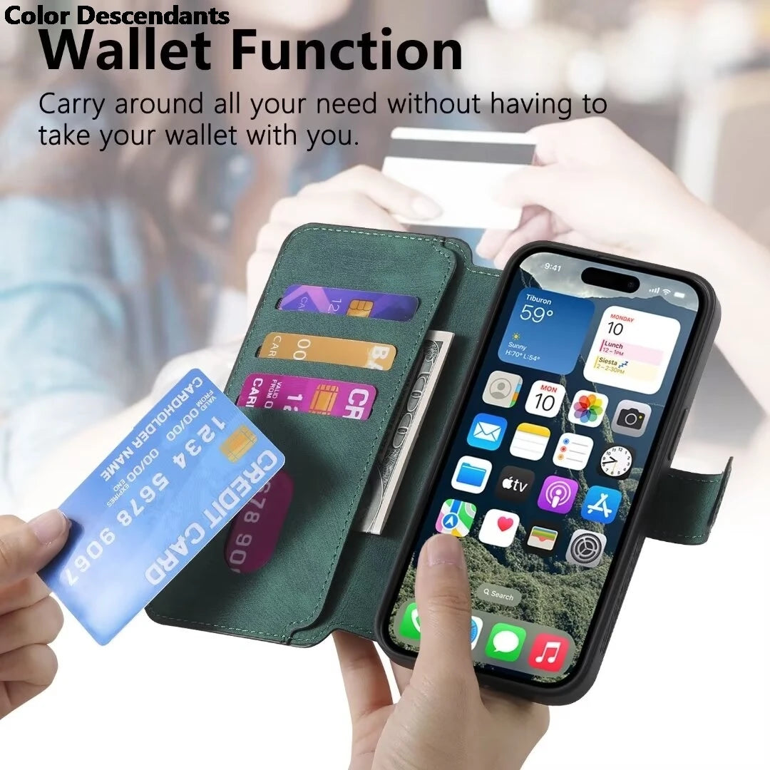 Green leather phone wallet case with card slots.