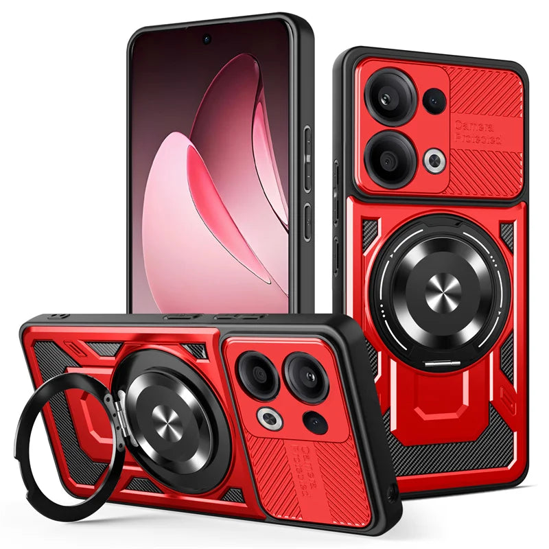 A red and black protective phone case with a camera cover and a ring holder/kickstand.