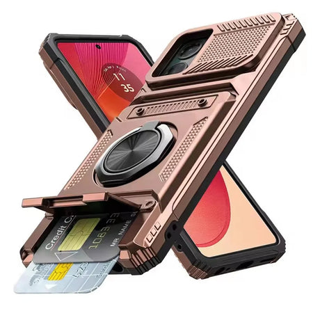 Rose gold rugged phone case with a kickstand, credit card slot, and a rotating ring holder.