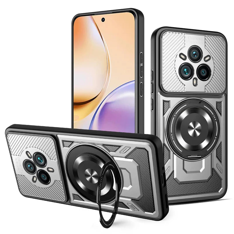 Silver and black rugged phone case with a kickstand ring and camera protection.