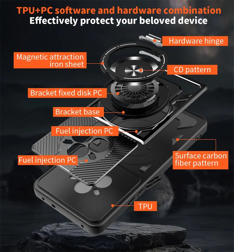 Exploded view of a multi-layer phone case with a built-in magnetic ring stand.