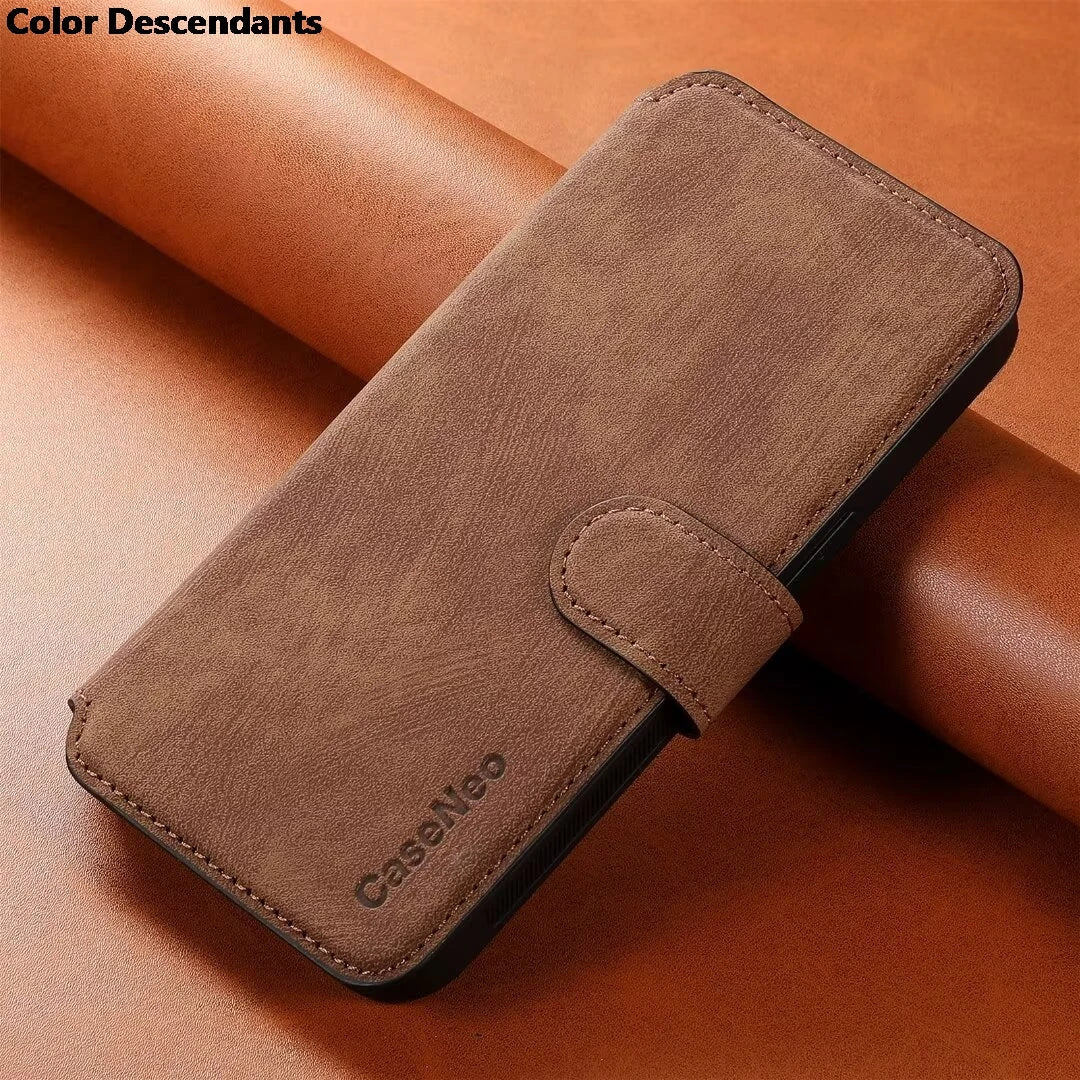 Brown faux leather phone case with a magnetic strap closure