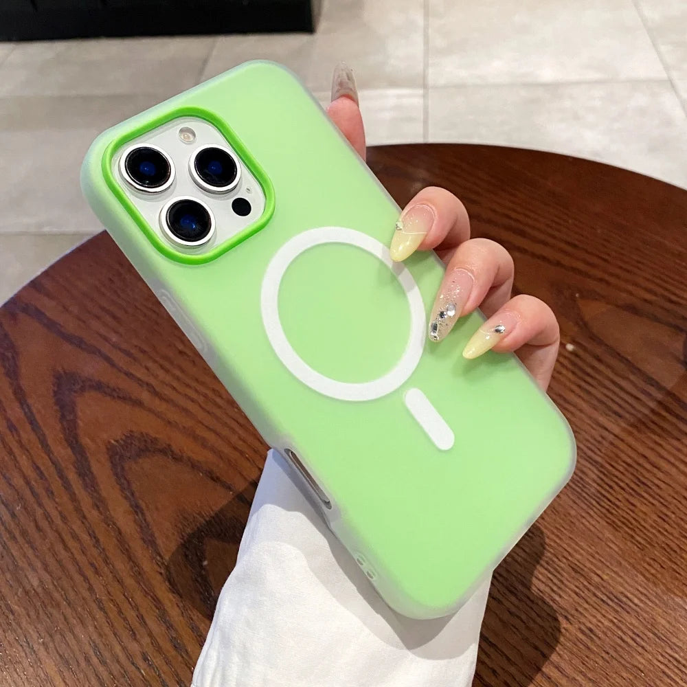 Lime green iPhone case with a white MagSafe ring.