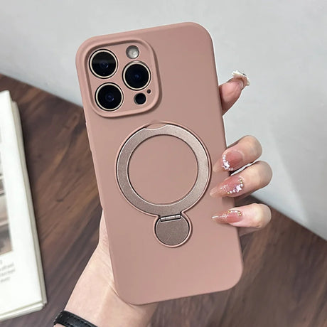 A dusty rose-colored smartphone case with a built-in ring stand.