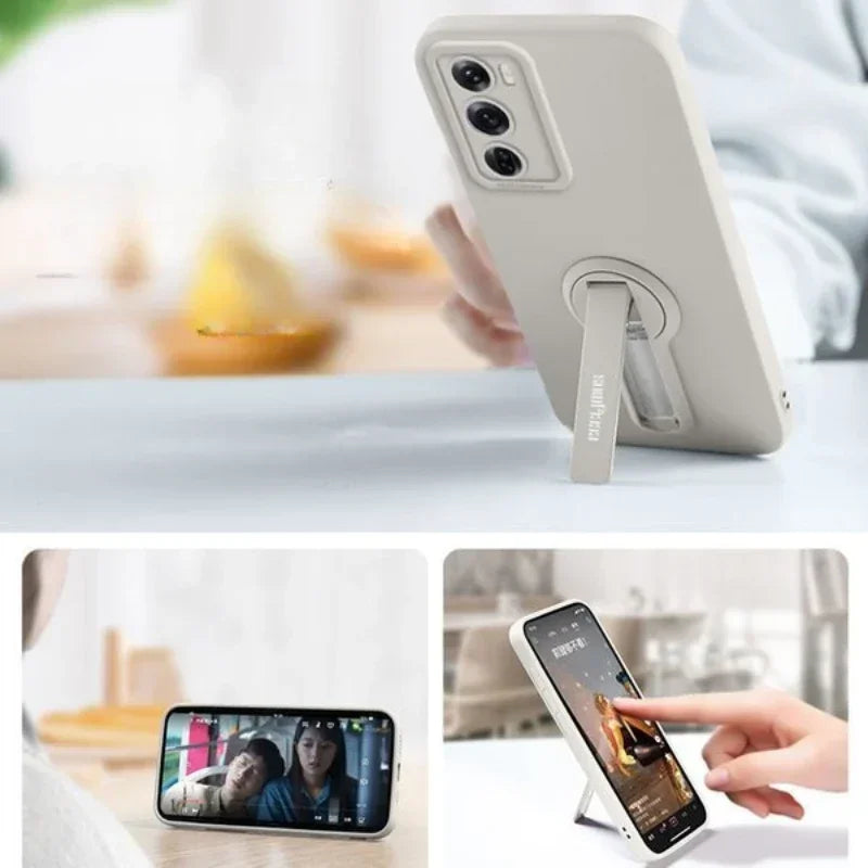 A phone case with an integrated kickstand.