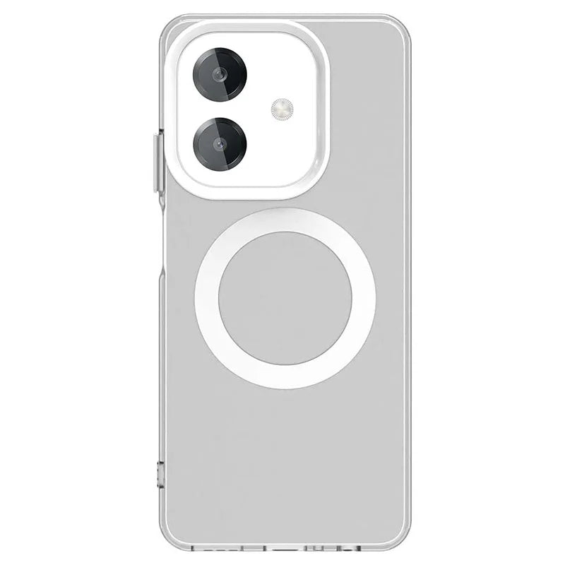 Clear smartphone case with a magnetic ring and camera cutouts.