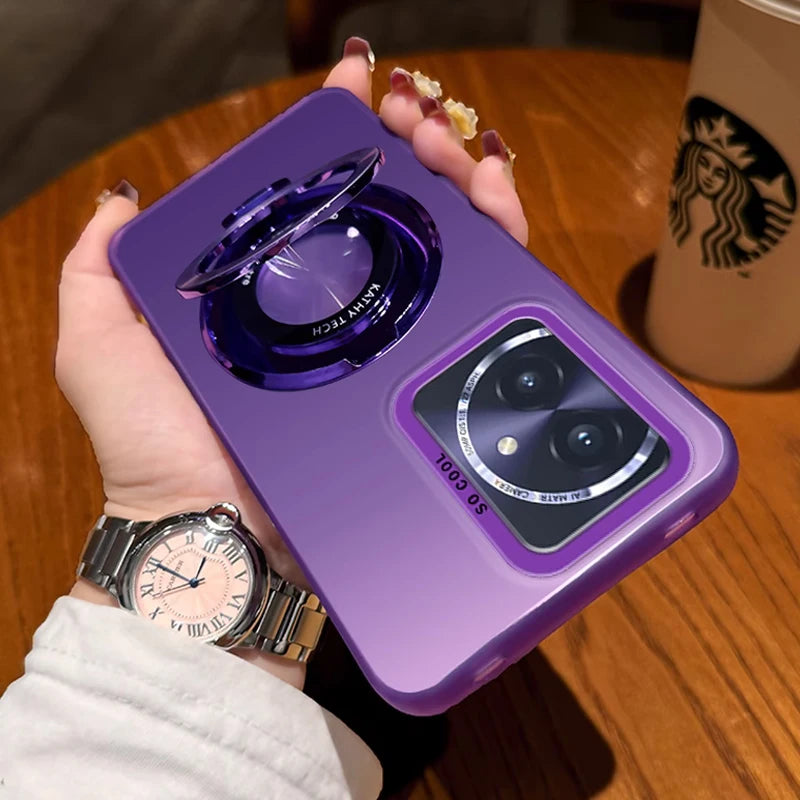 Purple smartphone with a camera lens protector and ring holder.