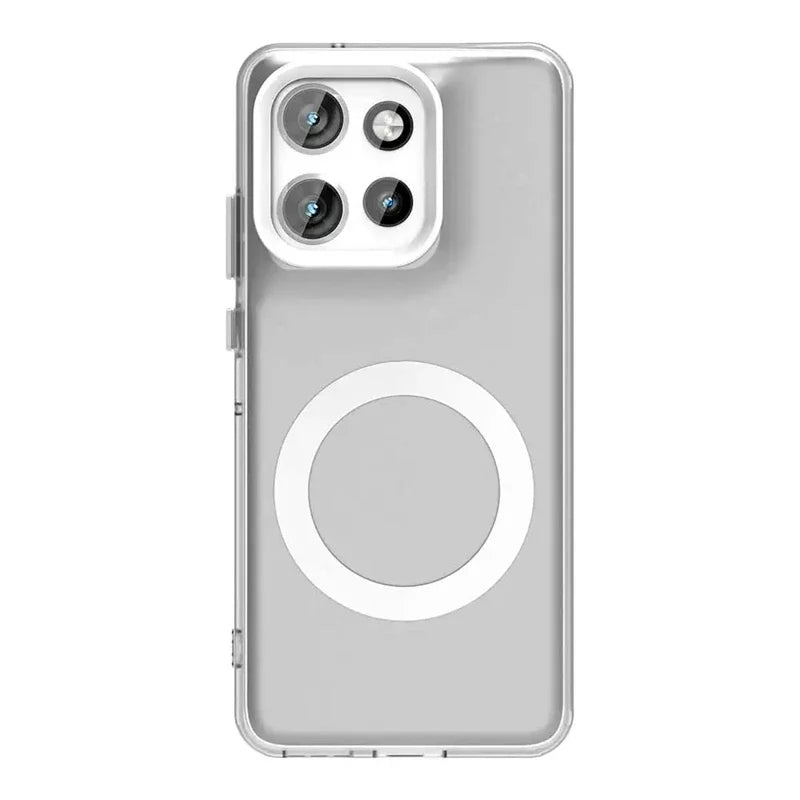 Clear smartphone case with a prominent camera module cutout and a magnetic charging ring.