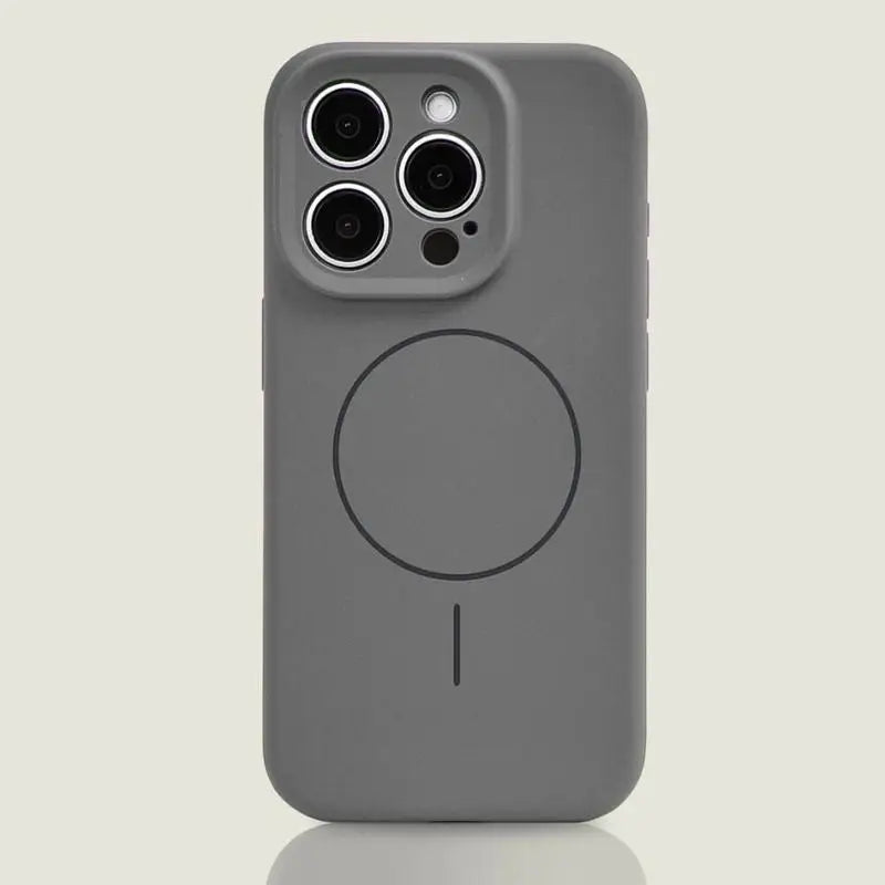 A dark gray silicone phone case with a camera cutout and a circular magnetic charging ring.