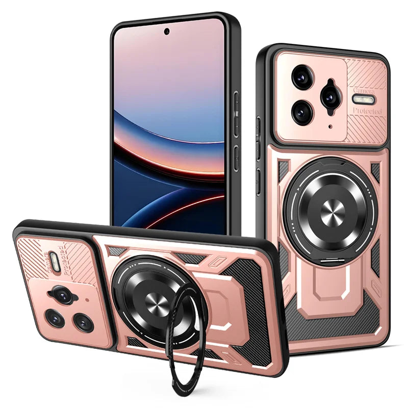 Rose gold rugged phone case with a camera cover and kickstand ring.