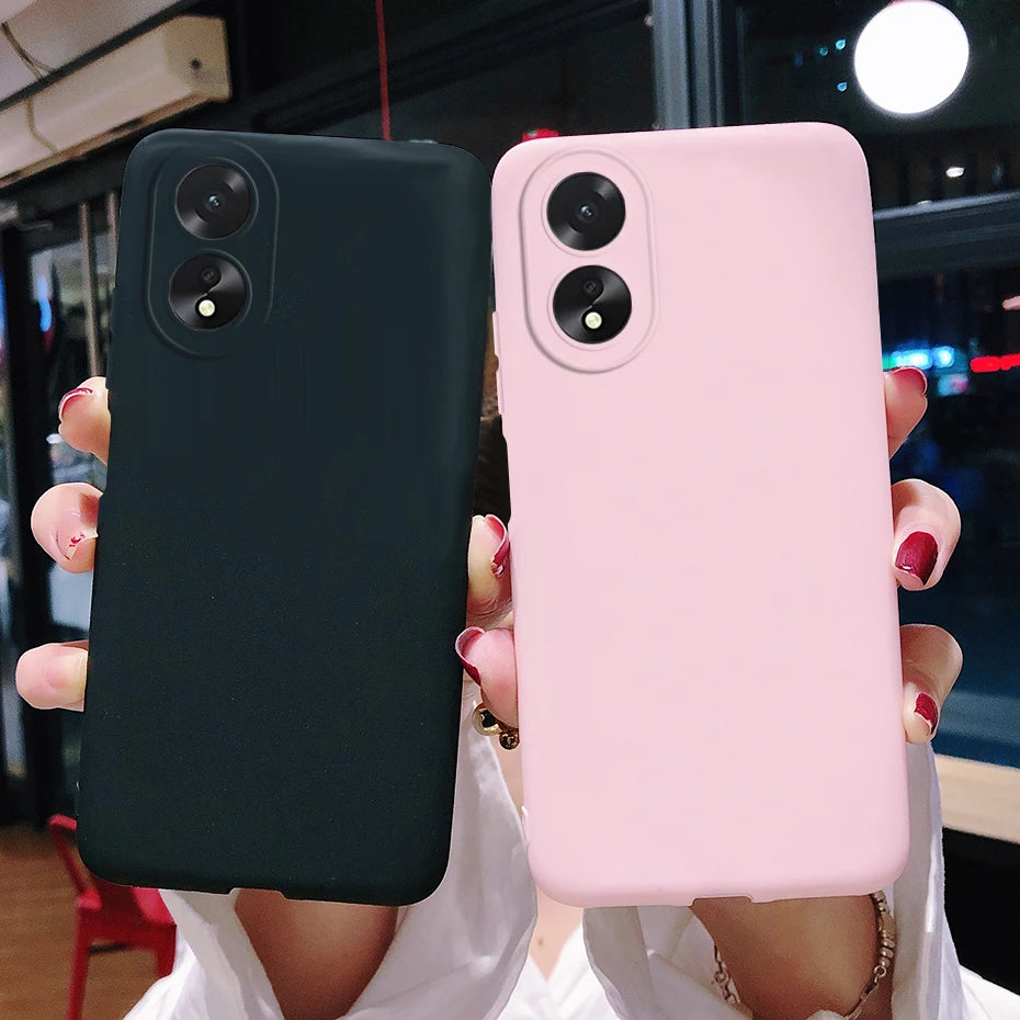 Two silicone phone cases, one black and one pink, designed with dual camera cutouts.
