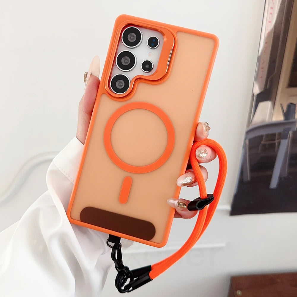 Translucent orange smartphone case with a built-in magnetic ring and an attached orange lanyard.