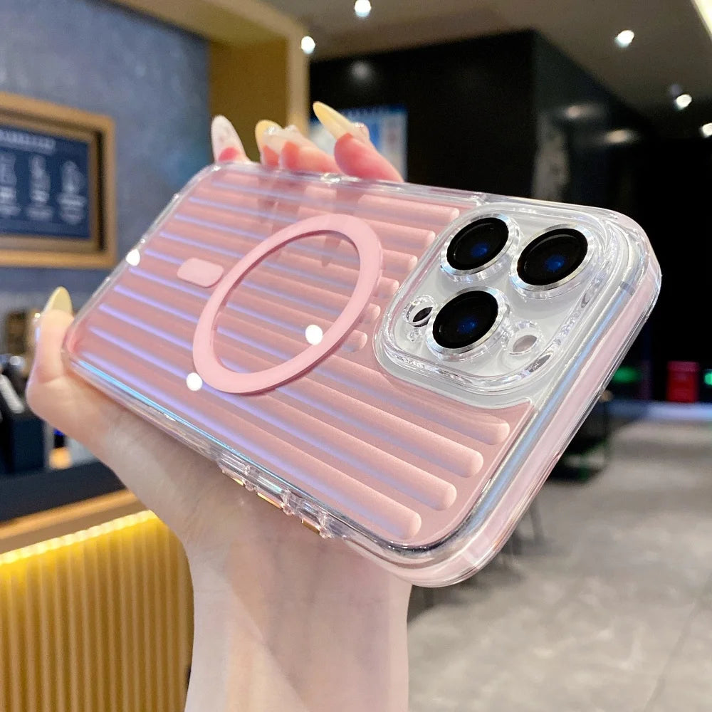 Pink ribbed iPhone case with a clear outer shell and magnetic ring.