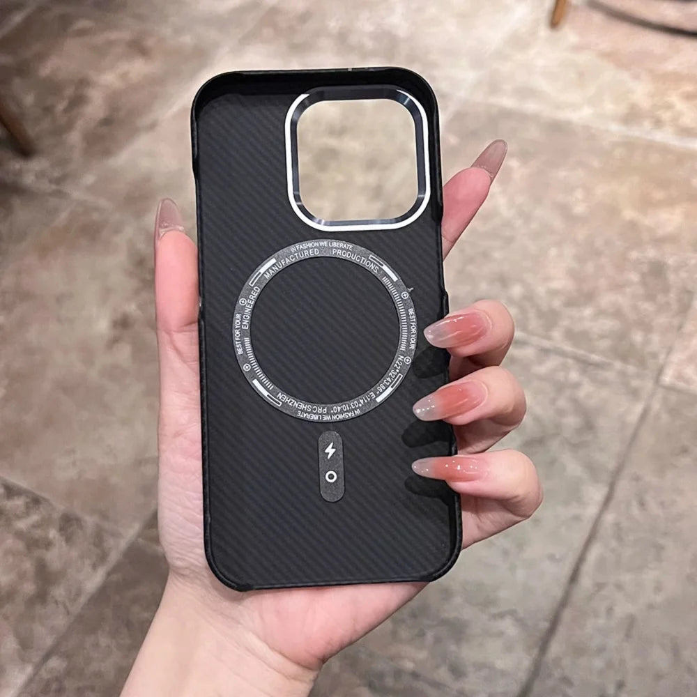Black textured smartphone case with a magnetic charging ring and camera cutout.