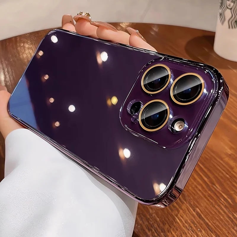 Purple smartphone with a gold-trimmed triple camera system.