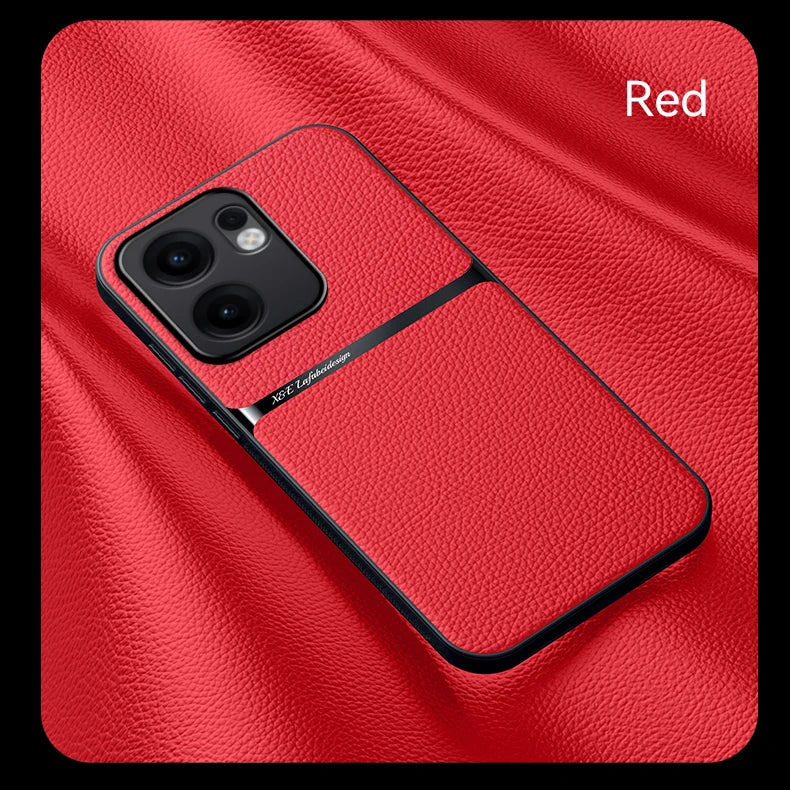 Red faux leather phone case with a black camera module and trim.