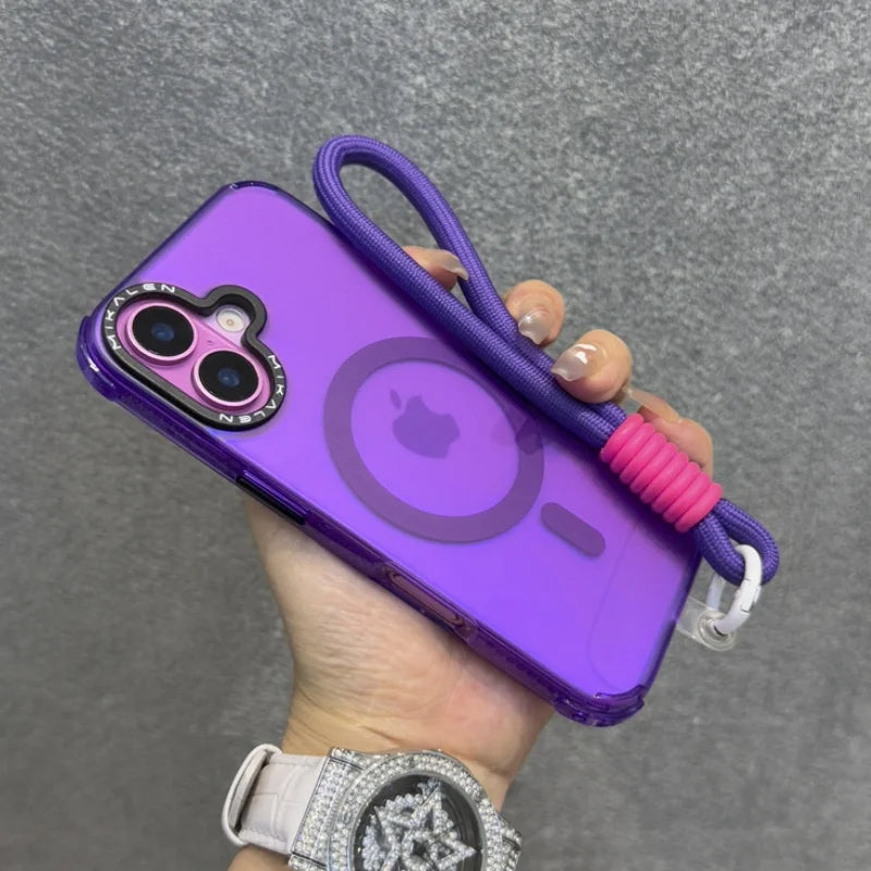 Purple iPhone case with a wrist strap and camera lens protection.