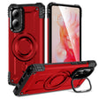 Red rugged phone case with a kickstand and magnetic ring.