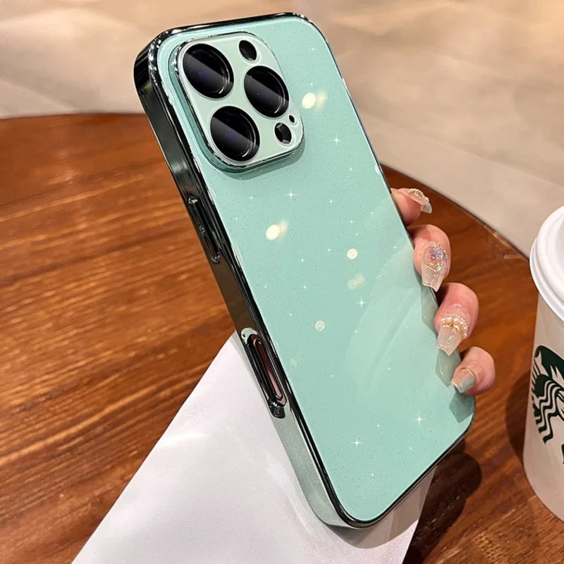 Mint green glitter phone case with a chrome bumper.