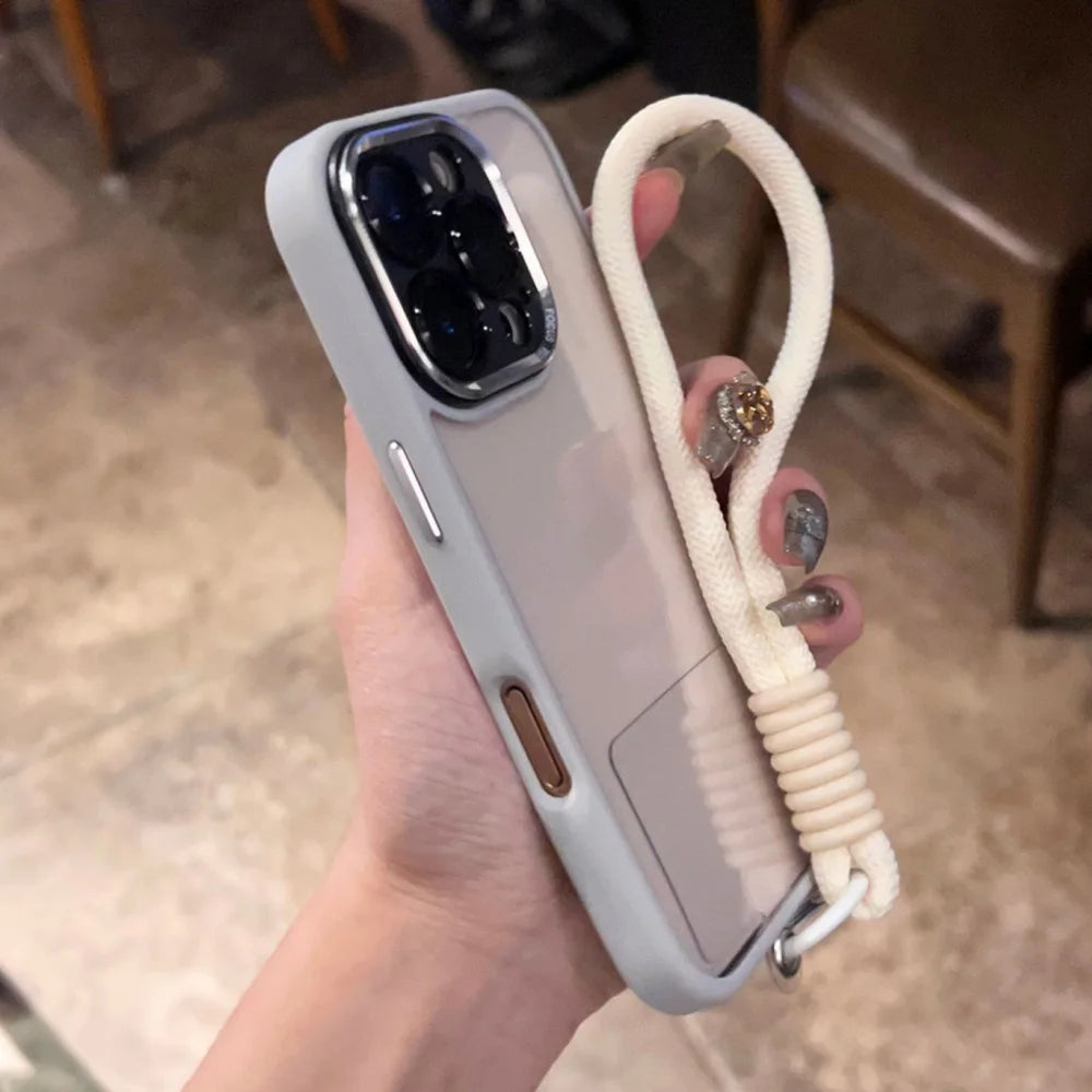 Light gray iPhone with a matching case and a cream-colored wrist strap.