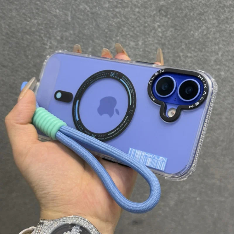 Purple iPhone in a clear case with a blue wrist strap.