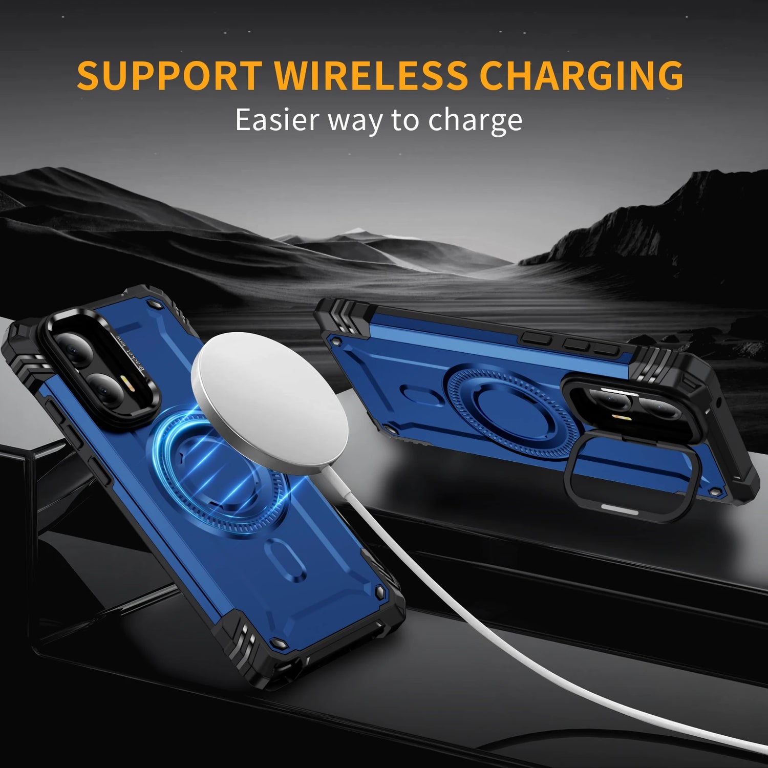 A blue and black rugged phone case with a built-in magnetic ring for wireless charging and a camera cover.