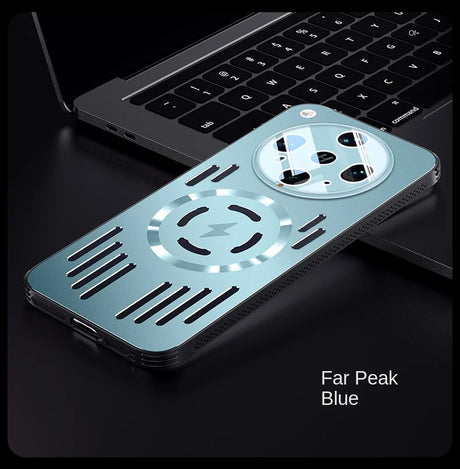 Light blue phone case with a circular camera cutout and a lightning bolt symbol for wireless charging.