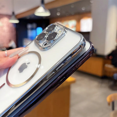 Two iPhones in clear, magnetic cases with chrome accents.