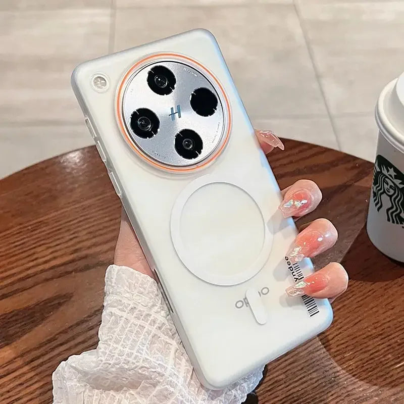 White smartphone case with a large circular camera cutout and a magnetic ring.