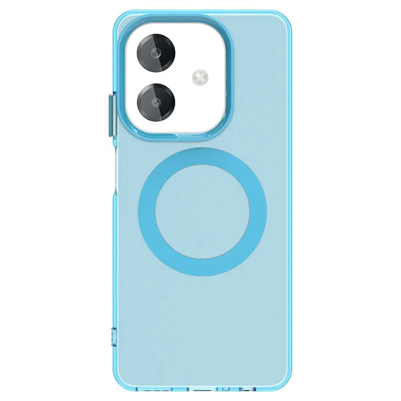 Translucent light blue MagSafe-compatible phone case.
