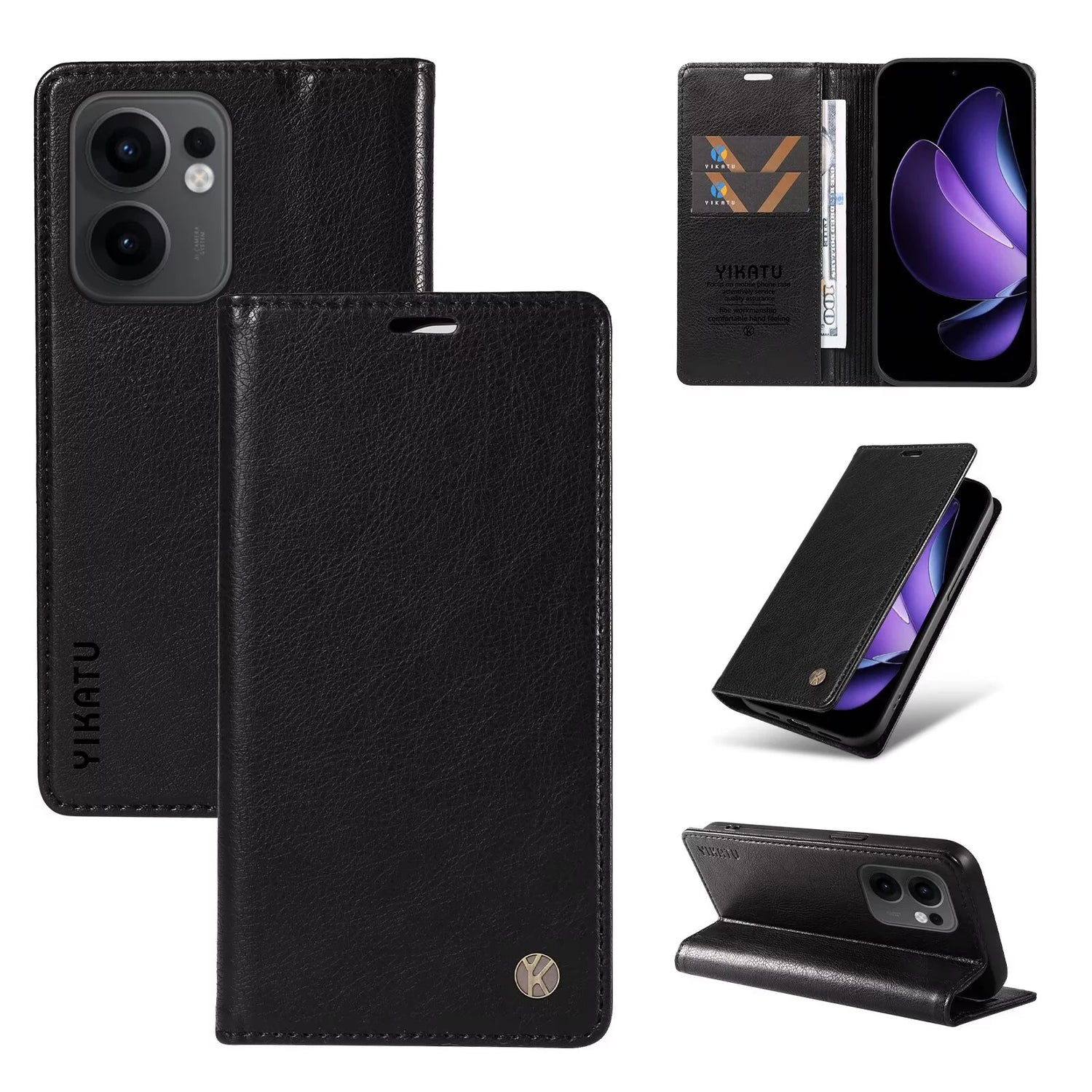 Black leather-like wallet phone case with multiple viewing angles and card slots.