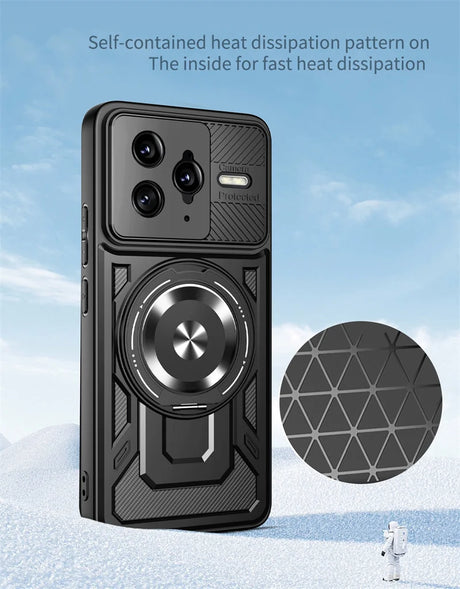 Black rugged smartphone case with a sliding camera cover and a magnetic ring stand.