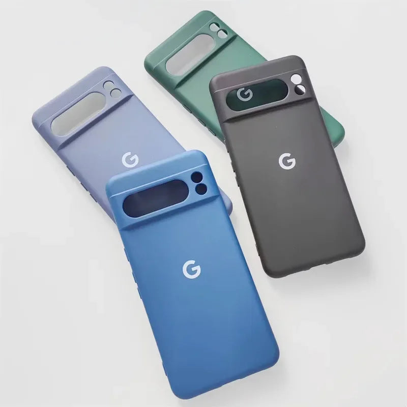 Four Google Pixel phone cases in various colors.