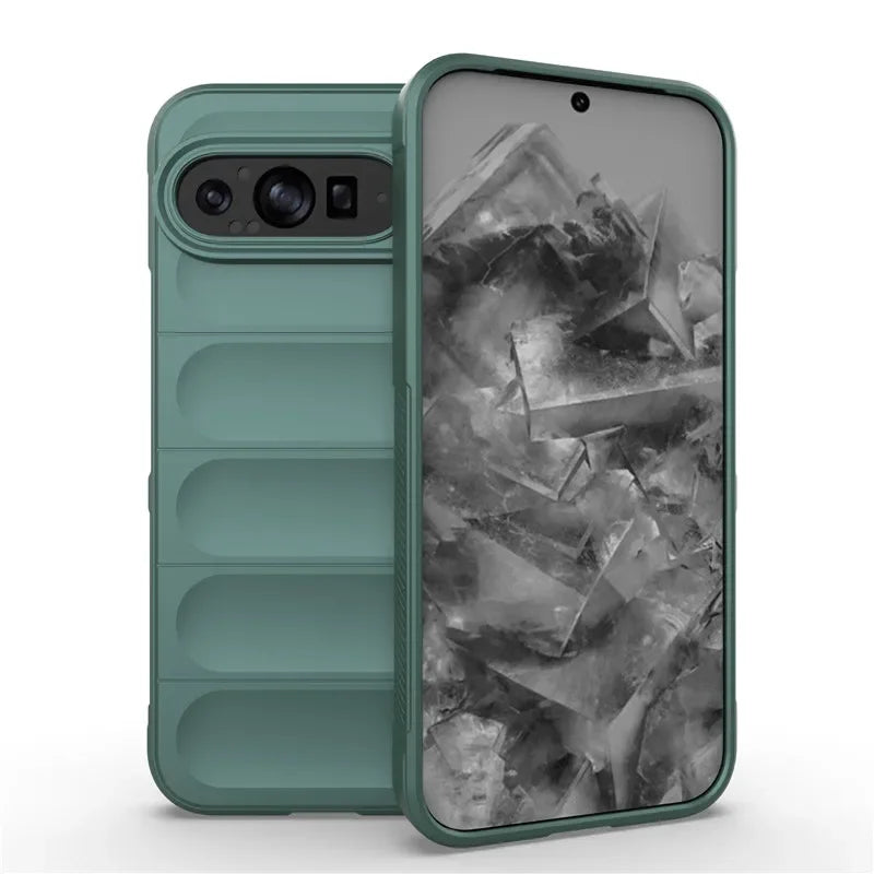 A smartphone in a teal, puffer-style protective case.