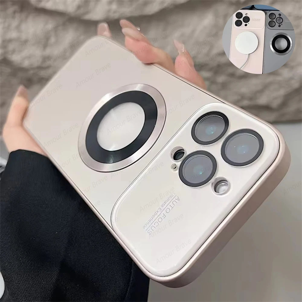 Beige iPhone case with a magnetic ring and camera lens protection.