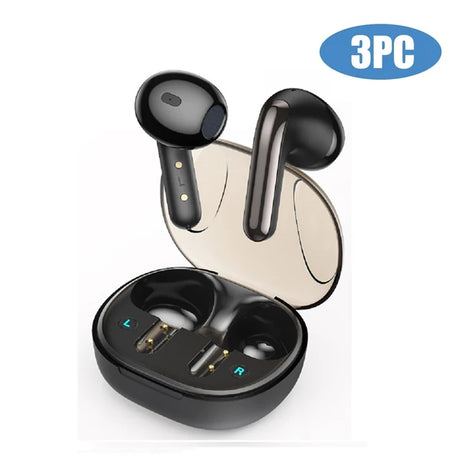 Black wireless earbuds with charging case.