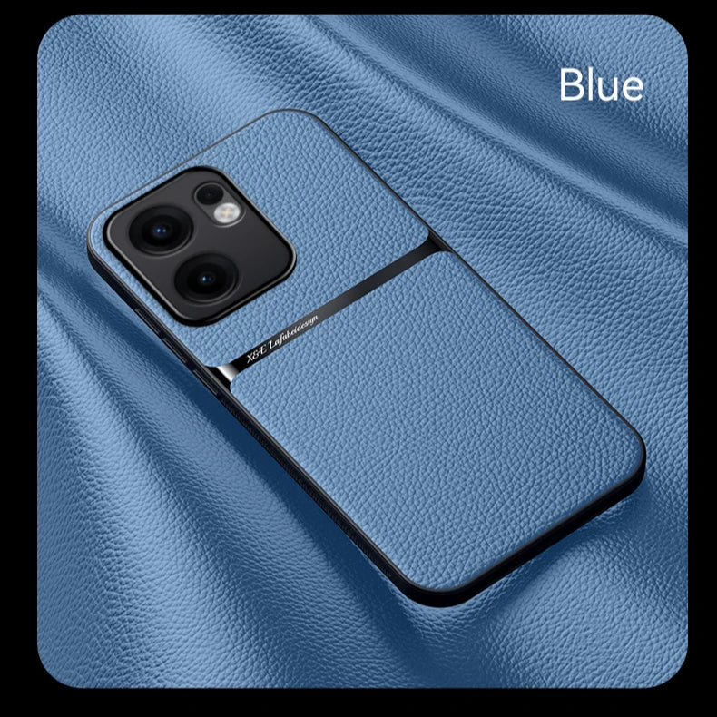 Blue faux leather phone case with dual camera cutouts.