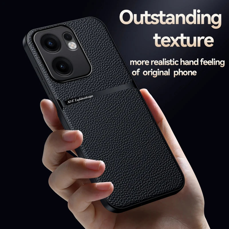 A black, textured leather-look phone case with a camera cutout, held in a hand.