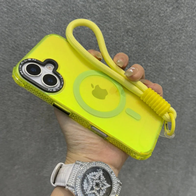 Fluorescent yellow iPhone case with a yellow wrist strap and MagSafe compatibility.