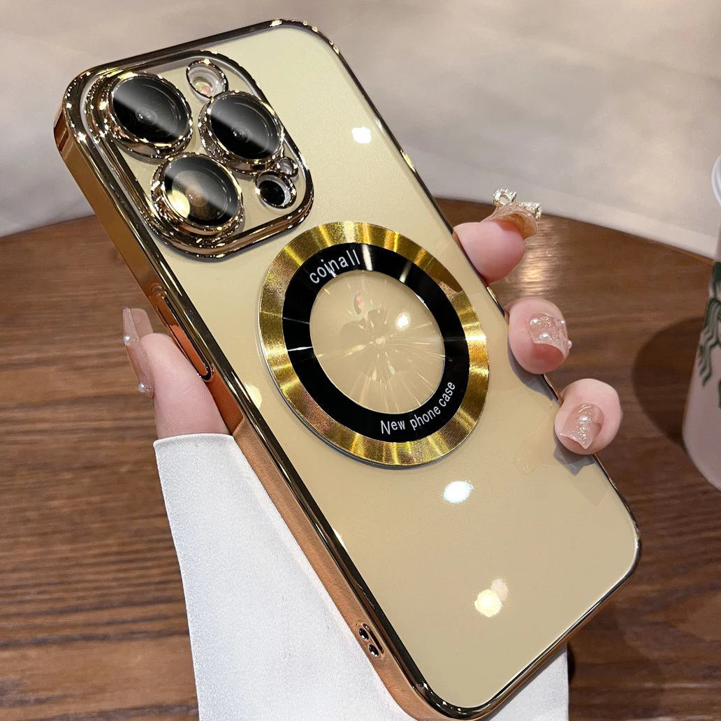 Gold-edged, beige phone case with a circular gold and black ring holder.