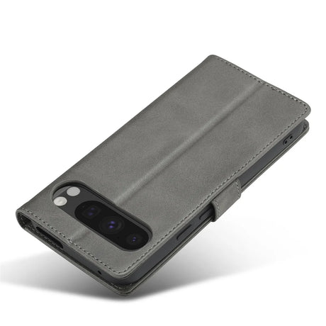A gray leather folio phone case with a camera cutout.