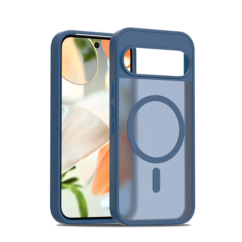 Blue and transparent phone case with a visible MagSafe ring.