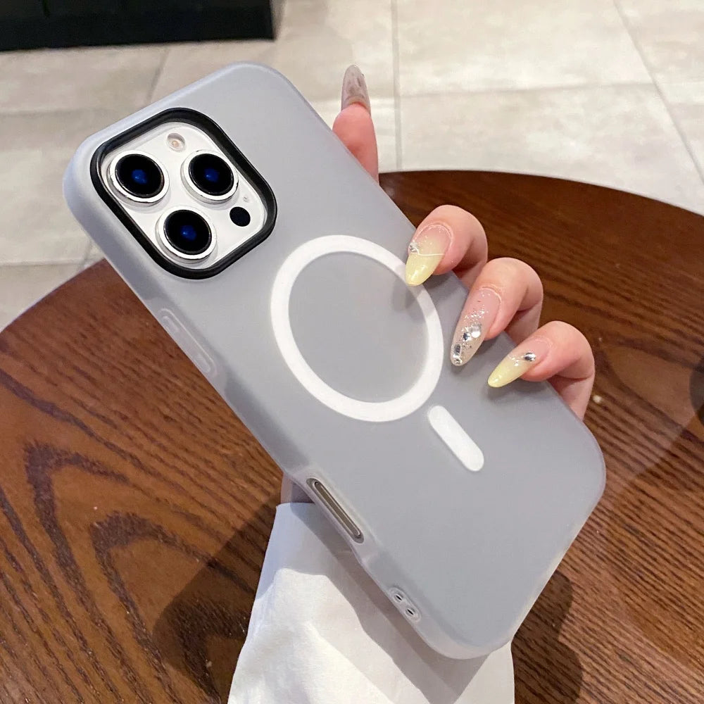 Gray iPhone case with a white MagSafe ring and power button icon.