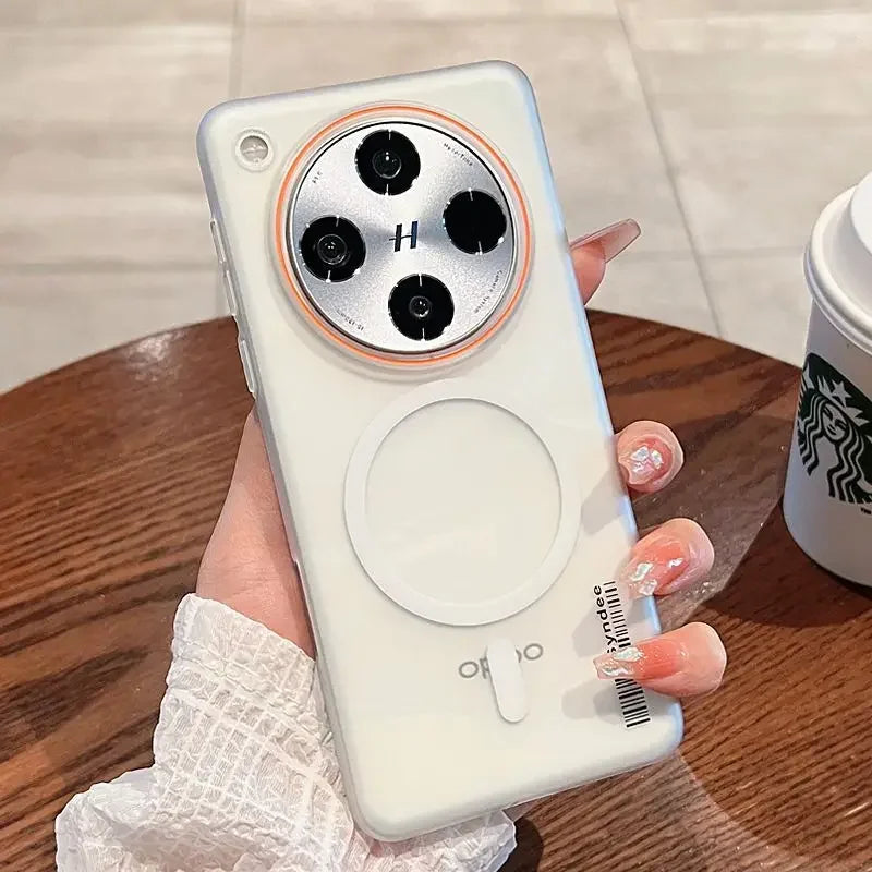 White smartphone with a prominent circular camera module and a clear case.