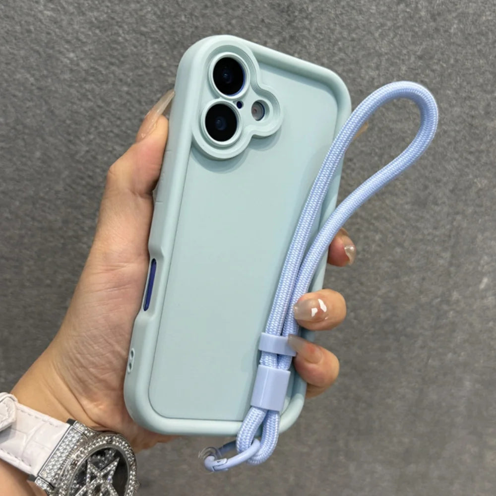 A light blue iPhone case with a matching wrist lanyard.