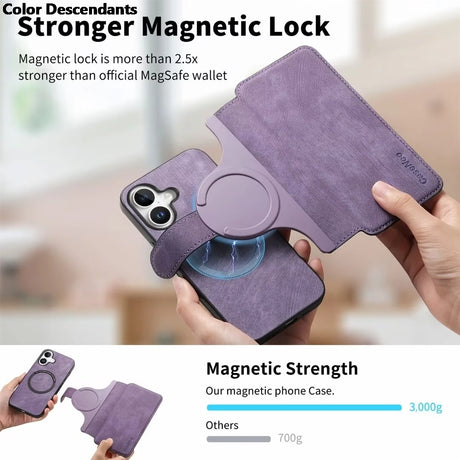 Purple magnetic phone case with a detachable wallet and stand.