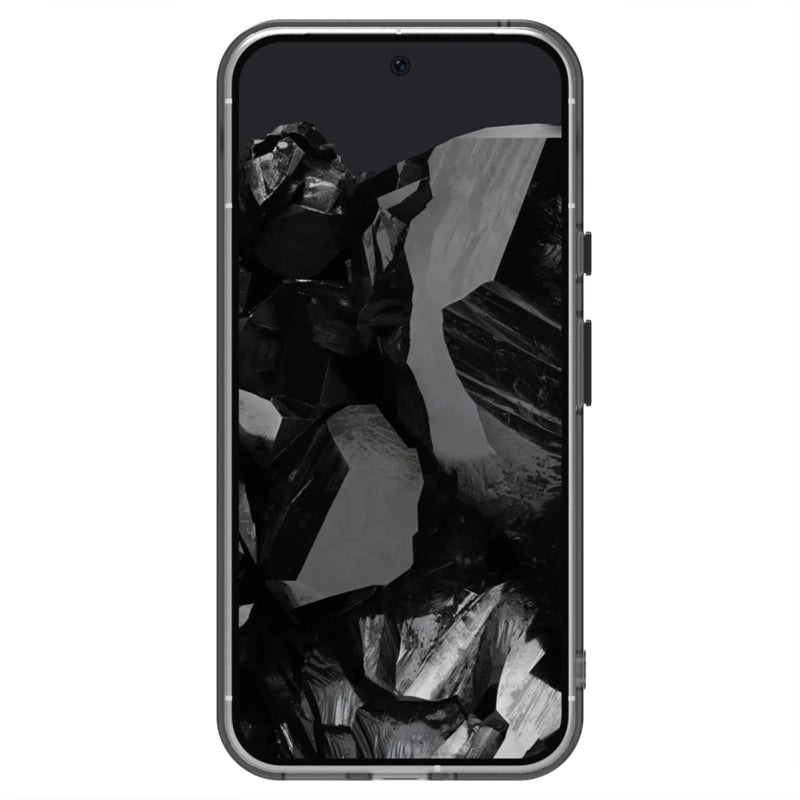 A smartphone with a clear protective case and a dark, abstract wallpaper.