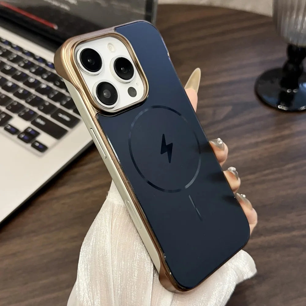 A dark blue smartphone with a gold-colored camera accent and a lightning bolt symbol.