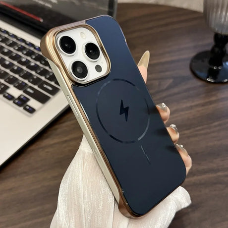 A dark blue smartphone with a gold-colored camera accent and a lightning bolt symbol.