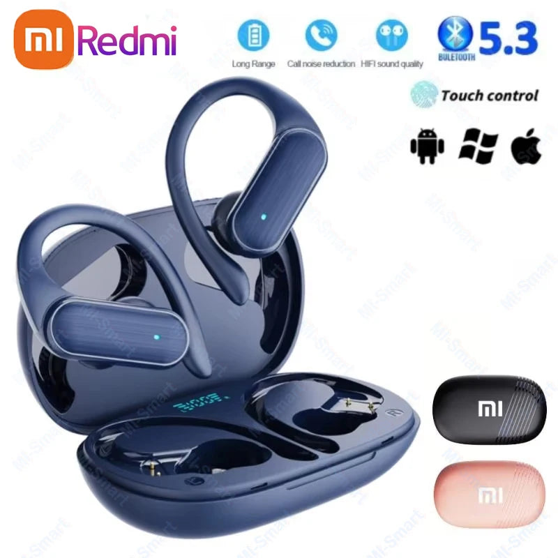 Dark blue wireless earbuds with ear hooks and charging case.
